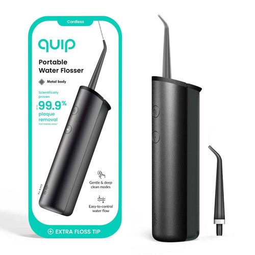 quip Water Flosser with Replacement Tip - Cordless Water Flosser with Adjustable Pressure - Teeth Cleaner Pick with 360 Degree Rotating Replaceable Tip, Rechargeable Water Dental Pick - All-Black