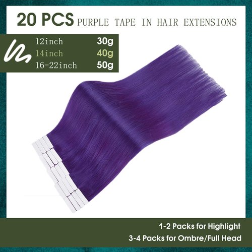 RUNATURE Tape in Hair Extensions, 16 Inch Purple Hair Extensions Tape in Human Hair, Seamless Highlight Colored Hair for Kids, Skin Weft Dark Purple Hair Extension 50g 20pcs