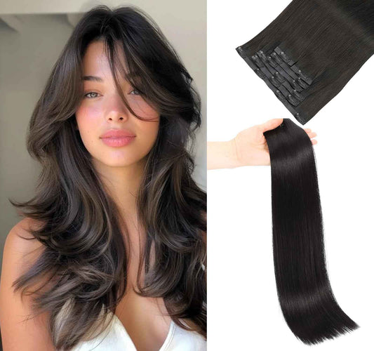 LOVELINE Seamless Clip in Hair Extensions Real Human Hair, Luxury Remy Human Hair Extensions Clip ins for Women, 24 Inch 110g 7Pcs, Off Black