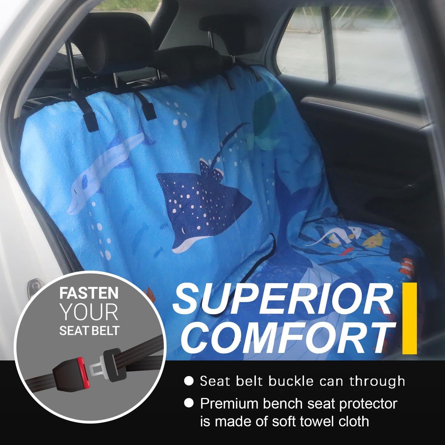 LoyaGour Back Seat Cover for Car Trucks Van SUV,Waterproof Rear Bench Towel Seat Covers for Dogs and Kids,Automotive Backseat Protector (Seaworld)