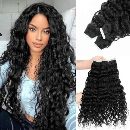 Tape in Hair Extensions Natural Black Wavy Real Human Hair Tape ins Hair Extensions Human Hair 50g Nautural Black Water Wave Tape ins for Black Women 22inch 20pcs