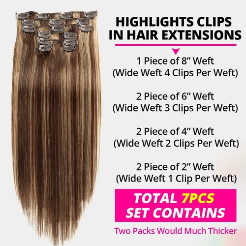 Asteria Hair Clip In Hair Extensions Real Human Hair for Women Highlights Chocolate Brown to Caramel Blonde Colored Hair Extensions Straight Hair 7pcs 120g 20 Inch