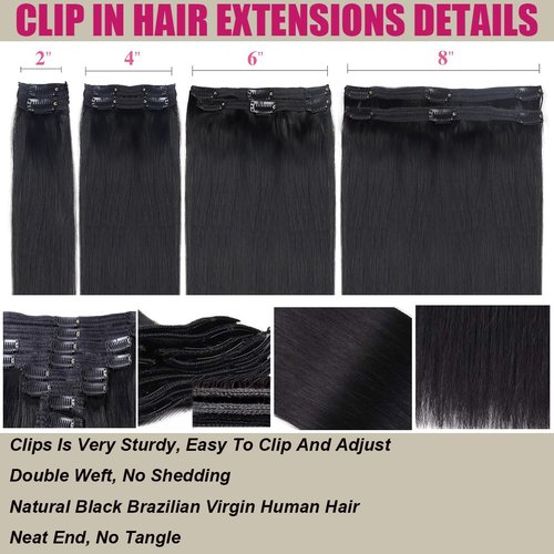 Straight Clip in Hair Extensions Real Human Hair Clip ins Double Weft Straight Clip ins Human Hair Extensions Full Head Natural Black for Women 8Pcs with 18Clips, 120G, 24Inch