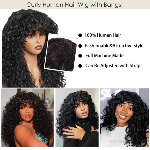 OCTSUN Wear and Go Human Hair Wigs with Bangs Bouncy Curly Human Hair Wigs for Black Women Glueless Full Machine Made Wigs Human Hair Deep Wave None Lace Front Wigs with Bangs 24 Inch 180% Density