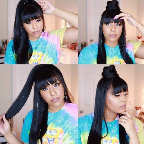 HLSK hair Mechine Made wig human hair natural black body wave 150% density with Pre Plucked Hairline with baby hair grade 10A hair wig (20, Straight wig with Bang)