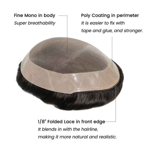 Tresshairca Men's Real Human Hair Toupee Natural Hairline Hair Replacement System for Men Breathable Fine Mono Base with Poly Perimeter Lace Front Edge Durable & Realistic Wig for Daily Wear (5"x7")