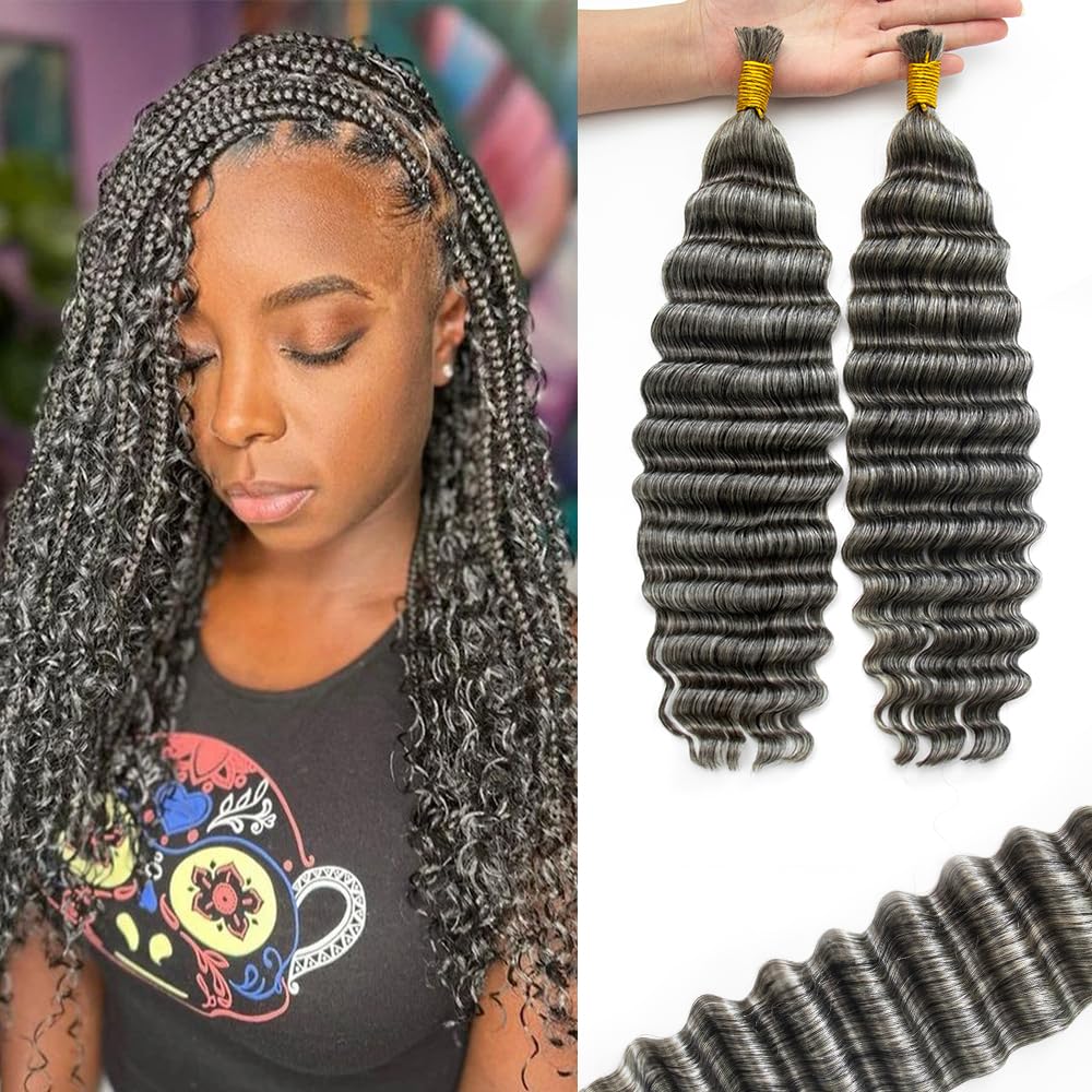 KRN Grey Deep Wave Bulk Human Braiding Hair 2 Bundles/Pack 100g Curly for Boho Braids 12A Salt And Pepper No Weft Wet and Wavy Gray 18Inch