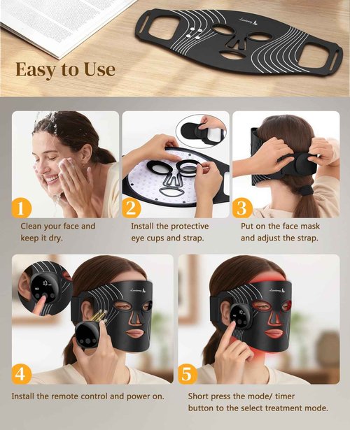 Lanieney Red Light Therapy Mask for Face, Wireless LED Face Mask, Rechargeable and Adjustable Timer Design with Digital Display for Home Skincare, Dark Black
