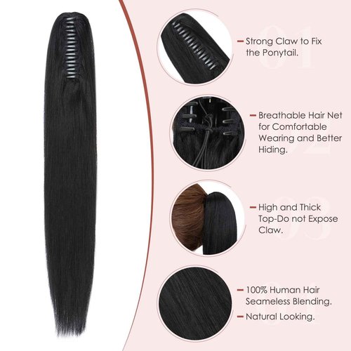 prokyvity Human Hair Claw Clip Ponytail, Claw Clip Human Hair Ponytail,Effortless Application with Secure Hold,Style in Seconds,Quick Styling Solutions for Busy Lives,20"/117g Jet Black