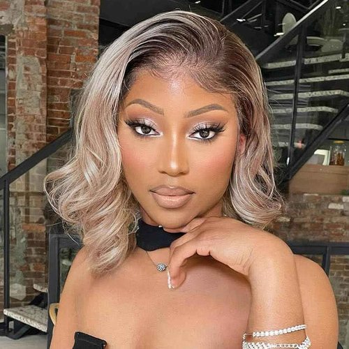 Ombre Milk Tea Blonde Bob Wig Human Hair Body Wave 200% Density Loose Wave 13x4 Hd Brown Roots with Ash Blonde Summer Bob Wig Pre Plucked with Baby Hair for Women 14 Inch