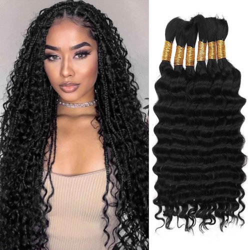Human Braiding Hair for Boho Braids Human Hair 150g 22 Inch Deep Wave Natural Color Boho Braids Human Hair No Weft Boho Human Braiding Hair Curly 6 Bundles/Pack 1B