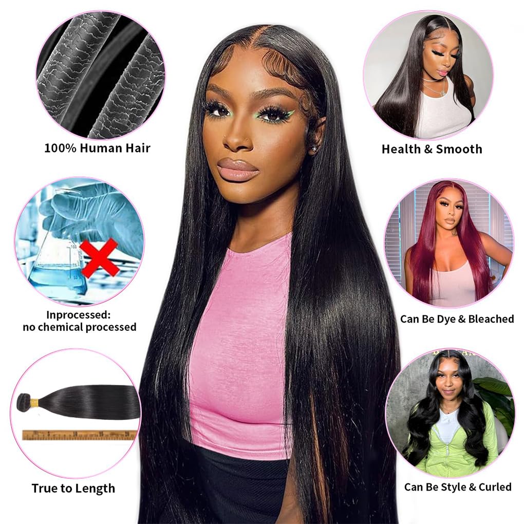 12A Brazilian Straight Bundles Human Hair 18 20 22 Inch, 100% Unprocessed Virgin Human Hair Bundles Straight, Sew In Hair Extensions Quick Weave 3 Glossy Hair Bundles, 300g/Pack Natural Black Color