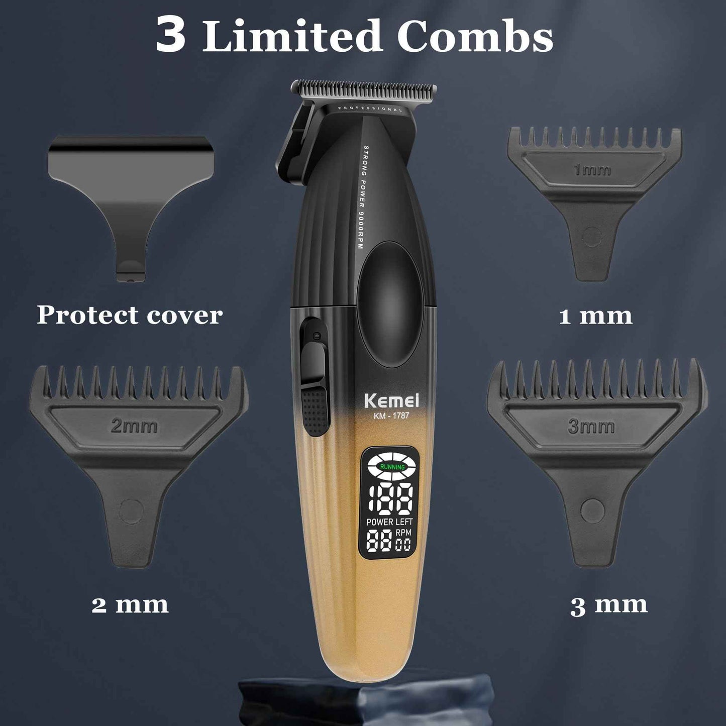 KEMEI 1787 Beard Trimmer for Men, Cordless Hair Trimmer with LED Display, 9000 RPM Hair Clippers for Barber with 2000 mAh Battery, DLC Coated T-Blade