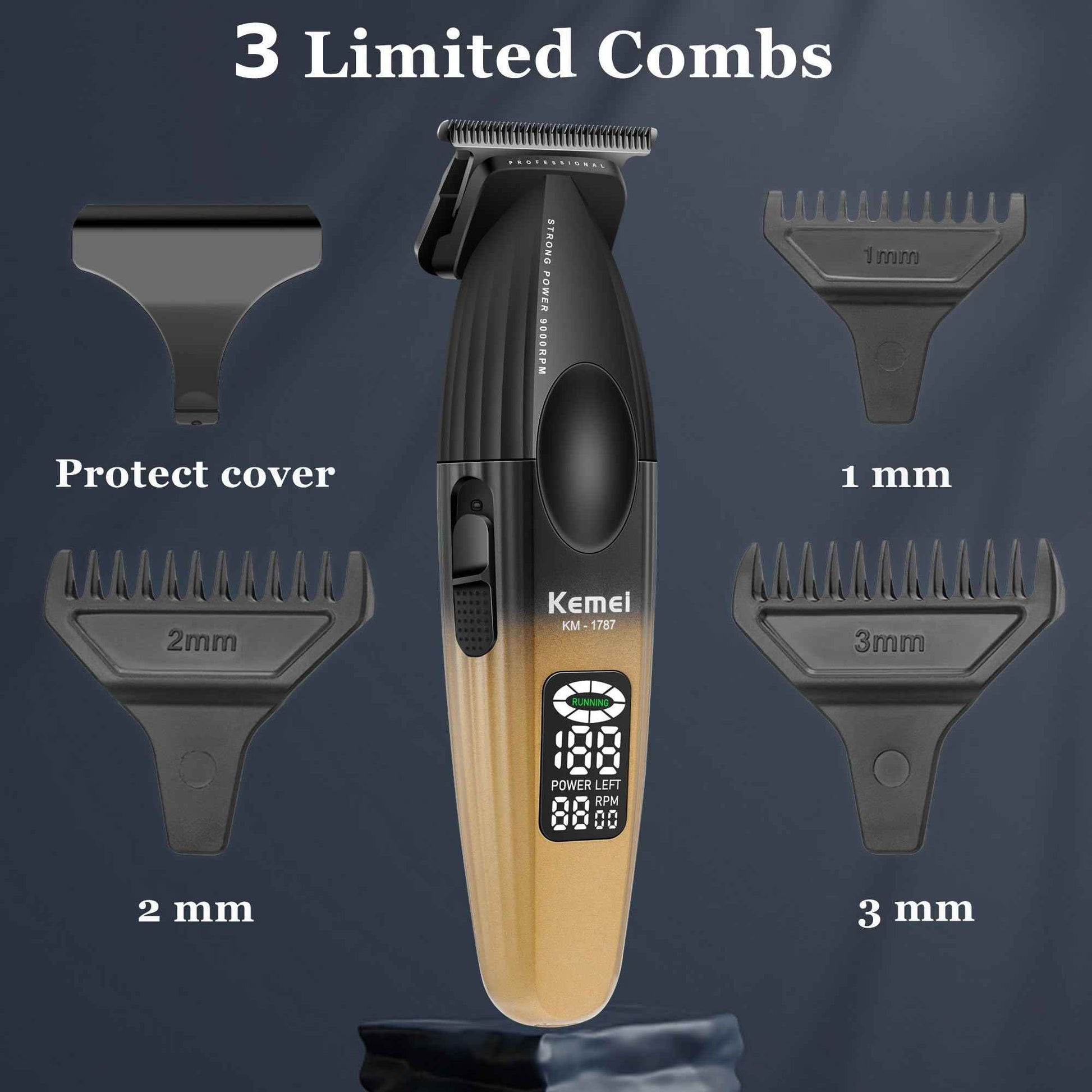 KEMEI 1787 Beard Trimmer for Men, Cordless Hair Trimmer with LED Display, 9000 RPM Hair Clippers for Barber with 2000 mAh Battery, DLC Coated T-Blade