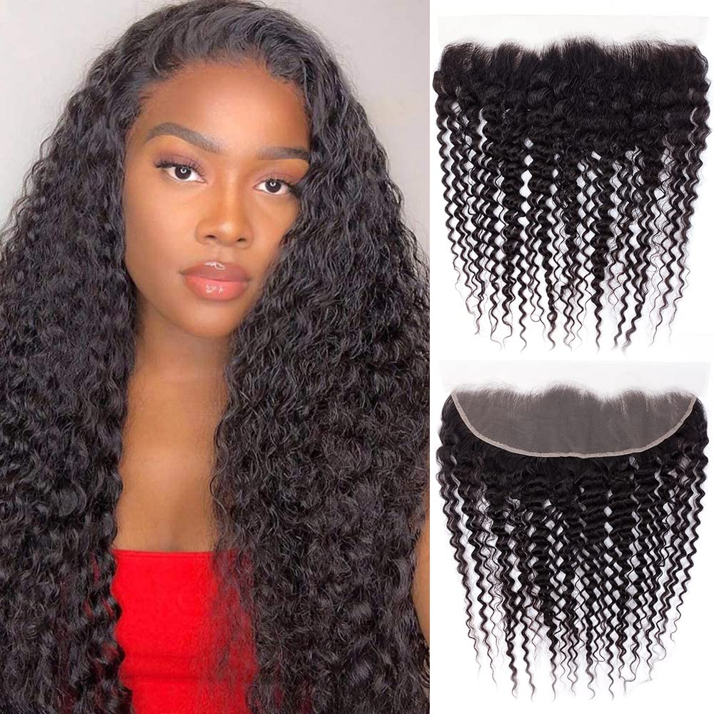 13x4 Lace Frontal Closure Deep Wave Regular HD Lace, 200% Density, 100% Brazilian Virgin Human Hair Ear to Ear HD Lace Frontal Pre Plucked with Baby Hair Natural Black Color 24 Inch