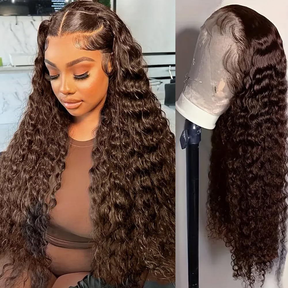 Pinketer Deep Wave Lace Front Wigs Human Hair Chocolater Colored 13x4 Curly Lace Front Wig Human Hair Wigs for Black Women Curly Wig Natural Hairline (#4 Color, 24inch)