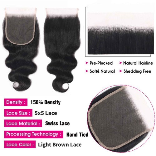 5X5 HD Lace Closure Body Wave Transparent Lace Closure 10A Brazilian Virgin Human Hair Closure Free Part Pre Plucked with Baby Hair (5x5 lace closure, 18inch)