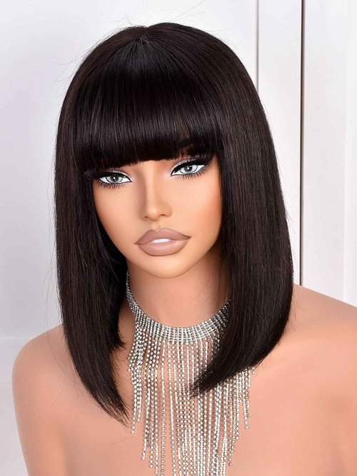 MURAME Bob Wig Human Hair 210% Density Bob Wig with Bangs 100% Human Hair Wigs for Black Women Pre-Bleached Glueless Straight Bob Wigs(12Inch,black bob wig)