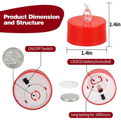 KOABY 12 Pack Red Light Non-Flickering Flameless Tea Lights, Red Base, Last 100H+, Battery Operated Tea Lights for Décor