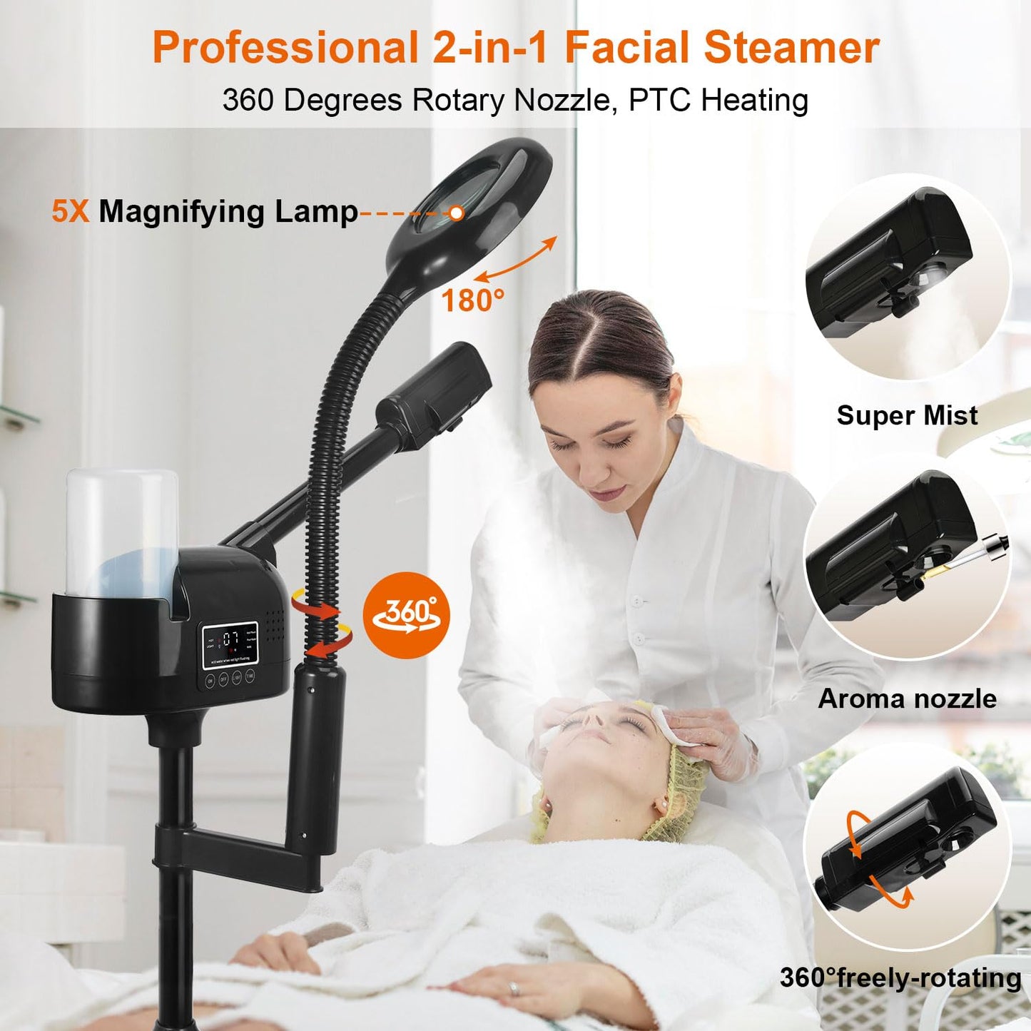 Professional Facial Steamer with 5X Magnifying Lamp, 2 in 1 Facial Steamer Upgrade PTC Heating, Esthetician Steamer Black Face Steamer for Salon Spa Beauty Skin Care (Black)