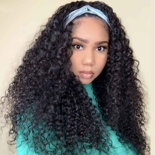 Maytune Curly Headband Wig Human Hair 26inch Glueless Deep Wave Human Hair Wigs None Lace Front Wigs for Black Women Water Wave Headband Wig Natural Color