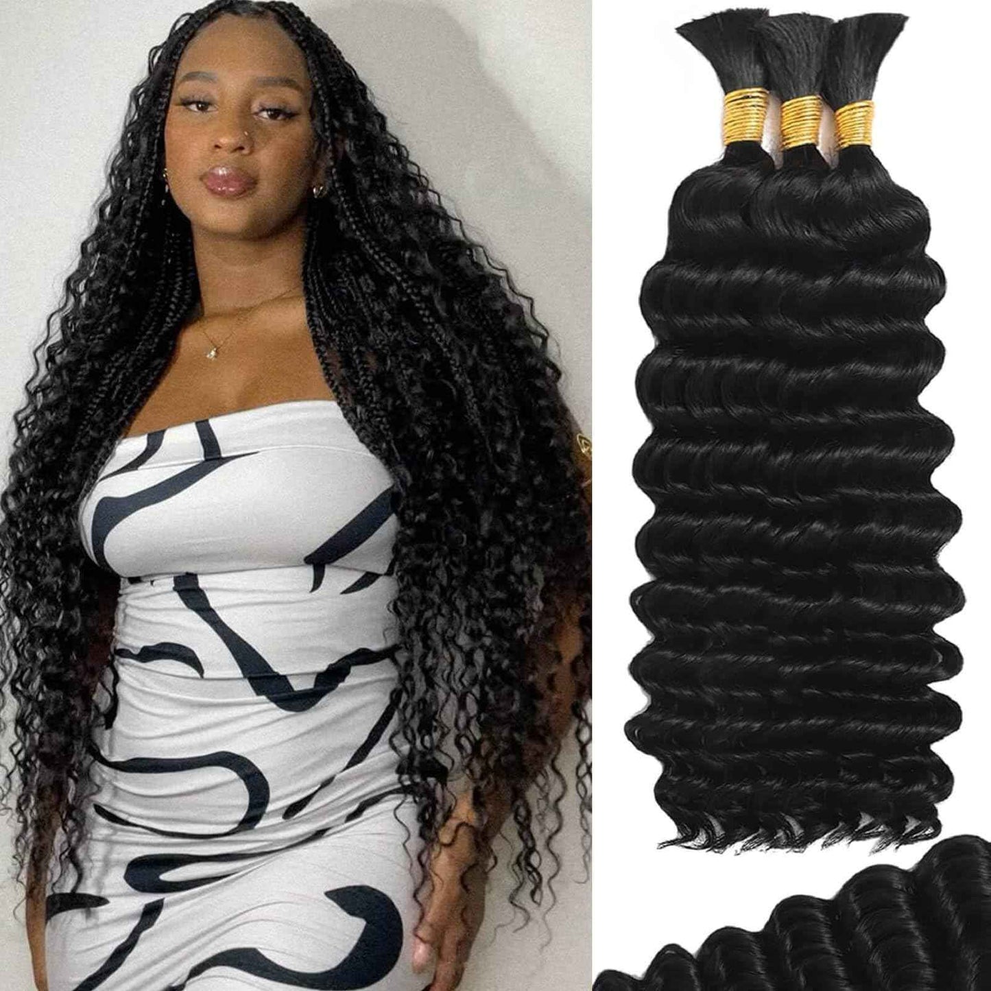 26 Inch Deep Wave Human Braiding Hair for Boho Braids Human Hair Curly Unprocessed Brazilian Virgin human boho braiding hair Extensions 3 Braids/Pack 110g Boho Hair for Braiding No Weft Natural Color