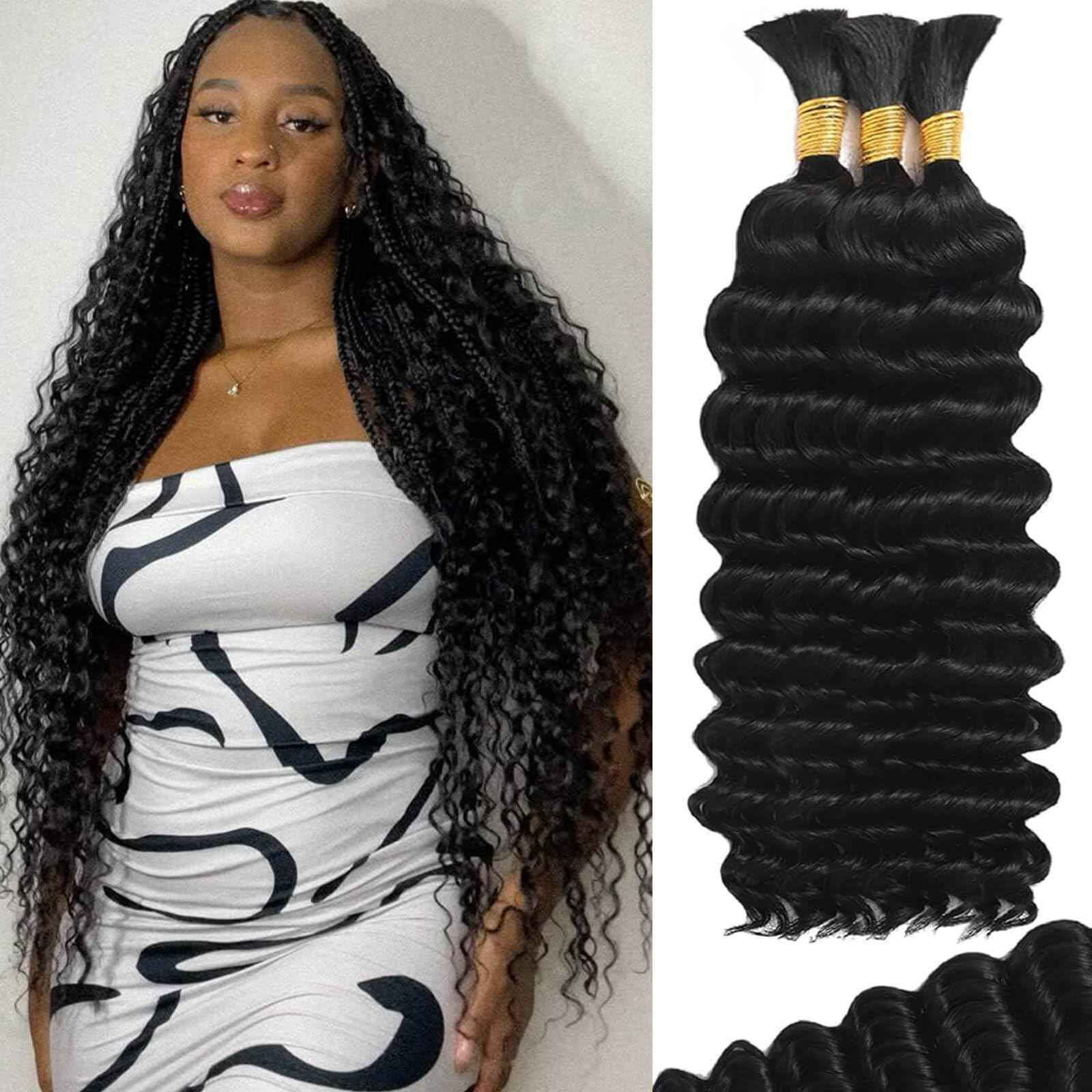 26 Inch Deep Wave Human Braiding Hair for Boho Braids Human Hair Curly Unprocessed Brazilian Virgin human boho braiding hair Extensions 3 Braids/Pack 110g Boho Hair for Braiding No Weft Natural Color