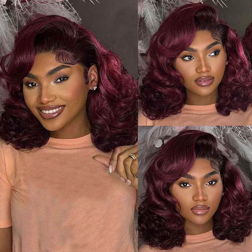 250% Full Density 99J Burgundy Lace Front Wigs Human Hair 13x4 Short Bob Wigs Human Hair Glueless Wear and Go Loose Deep Wave Wig Pre Plucked Pre Bleached Red Wig Human Hair (16inches)