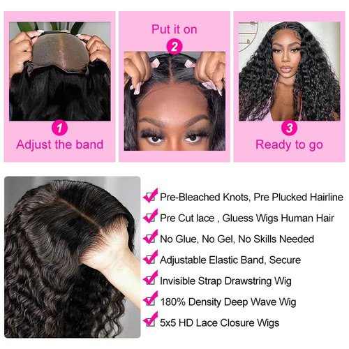 Hidden Strap Deep Wave 5x5 HD Lace Closure Wigs Human Hair Invisible Strap Bleached Konts Glueless Wigs Human Hair Pre Plucked Pre Cut 180% Denisty Deep Wave Closure Wigs with Drawstring 24 inch