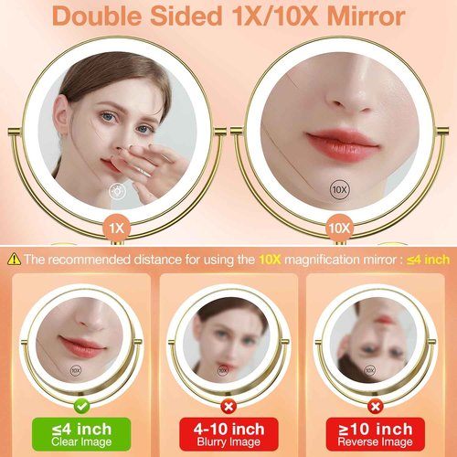 Benbilry 9" Large Wall Mounted Lighted Makeup Mirror, 1X/10X Magnifying 2-Sided AC Plug-in Powered Bathroom Mirror with 3 Color Lights, Touch Dimmable, Extended Arm 360° Rotation, Gold