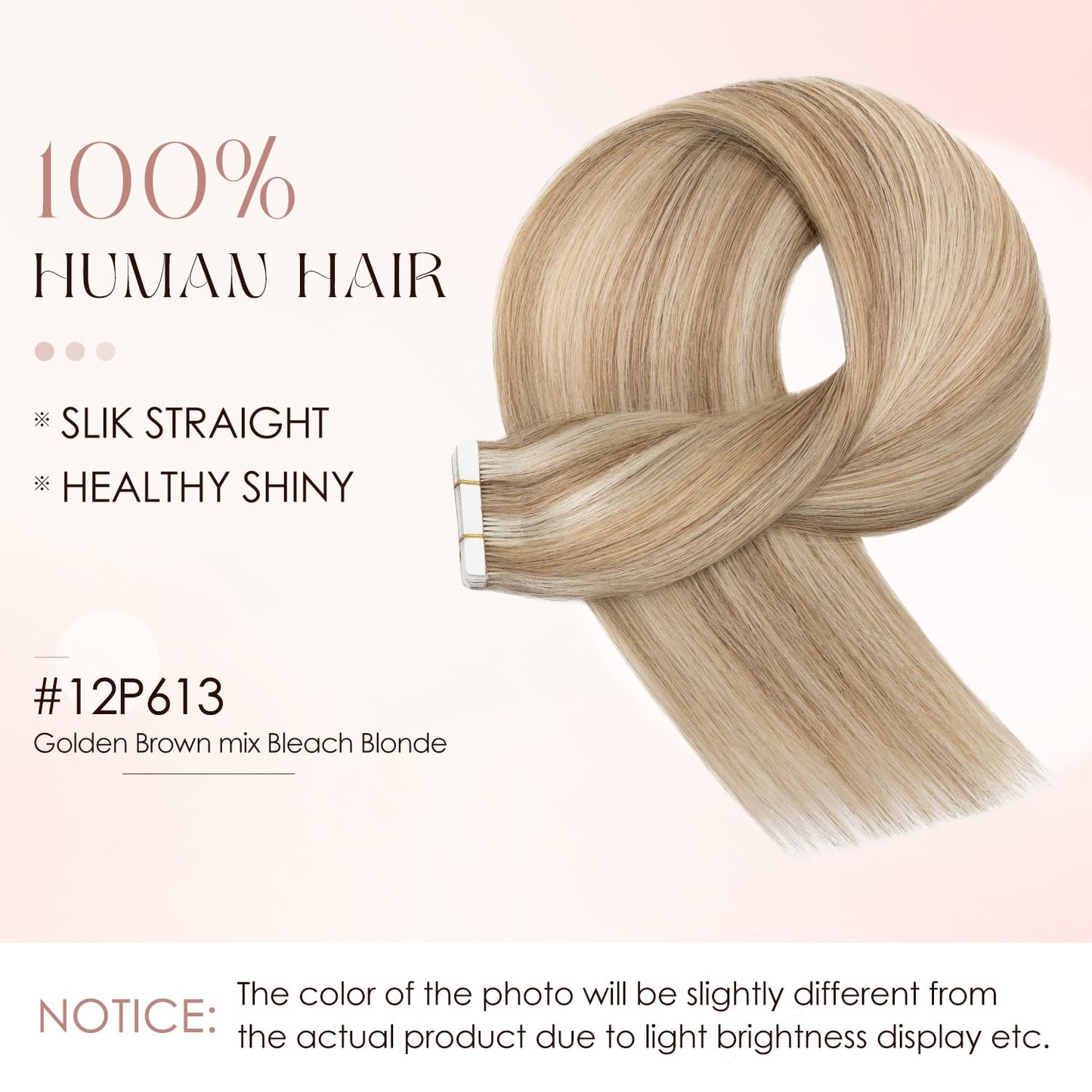 Human Hair Tape in Extensions-Double Stitched,SLEEKALON Free-cut Mini Tape ins Real Hair Extension Highlights Bleach Blonde mix Brown Seamless Straight Double Side Tape Hair-16 Inch,20pcs 50g,#12P613