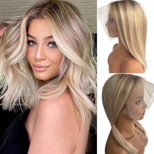 Smartinnov Balayage Blonde Bob Wig Human Hair 13x6 HD Transparent Lace Wigs 10 Inch Platimun Blonde Highlight Virgin Hair Middle Part 180% Density Pre Plucked Short Bob Wigs for Women Tiny Knots