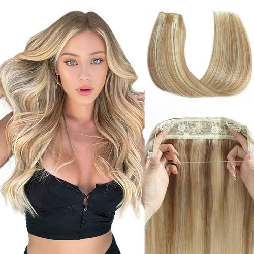 Tinashe Wire Hair Extensions Real Human Hair Straight Hair Extensions 18inch 90g Light Blonde Highlighted Golden Blonde Invisible Wire Fish Line Straight Human Hair Extension