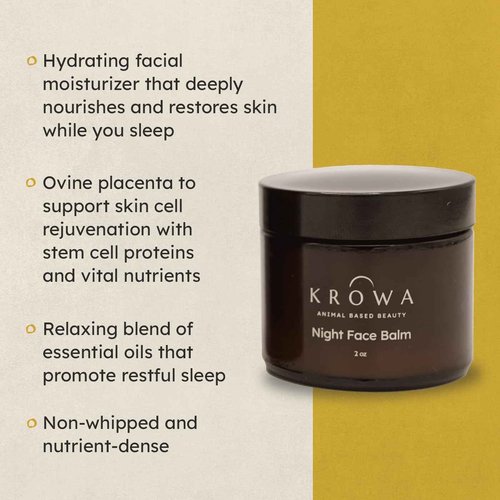Krowa Night Face Balm - Grass Fed Tallow Cream w/Essential Oils. Growth Factors & Stem Cells for Natural Skin Rejuvenation. Collagen and Elastin to Boost Skin Renewal. Clean Beauty, No Additives