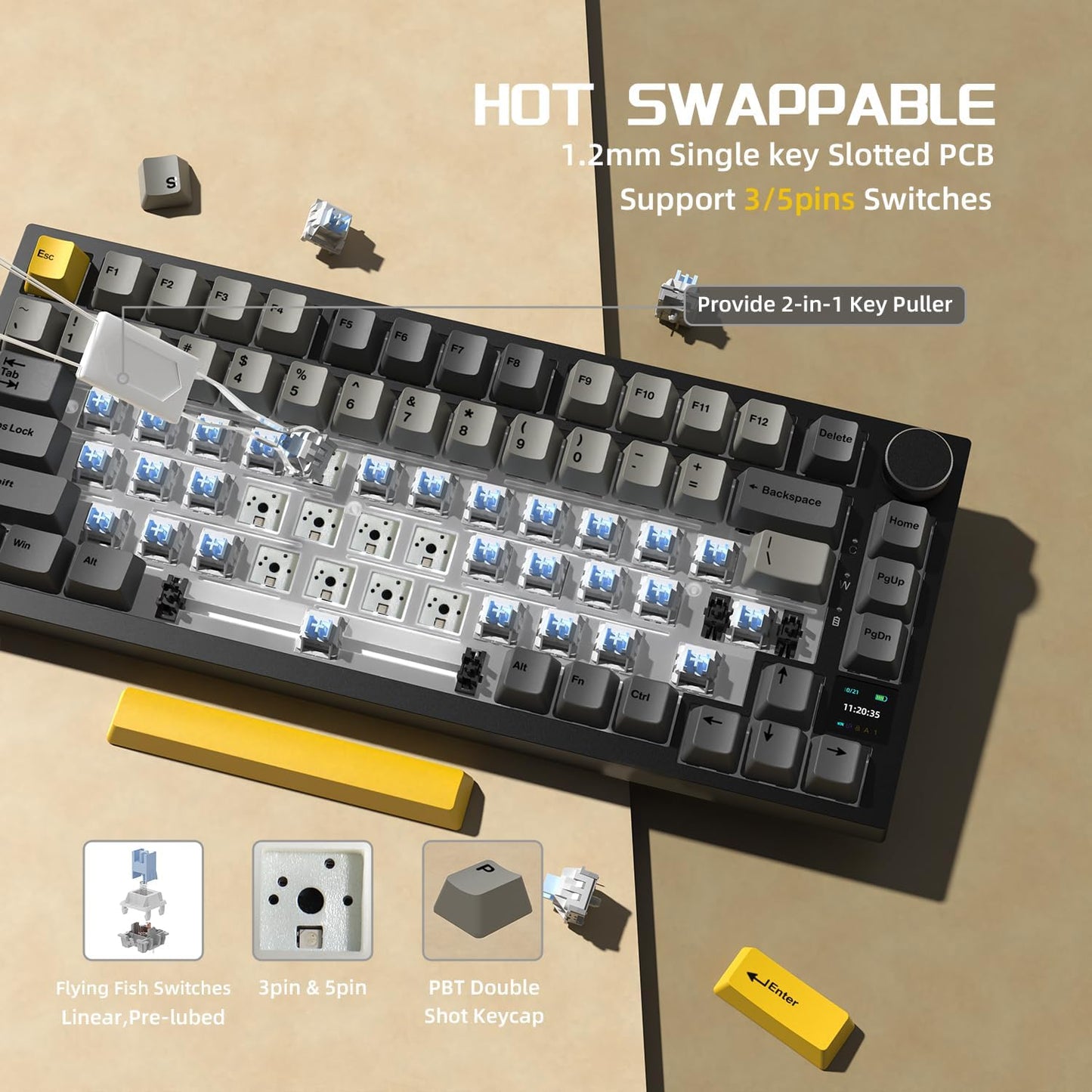 Attack Shark ajazz AK820 Mechanical Gaming Keyboard with Knob 75% Keyboard Hot Swappable Type-C Wired Gasket 5-Layer Noise Absorbing Foam White LED Backlit NKRO Linear Red Switch for PC/Win/Mac-Black
