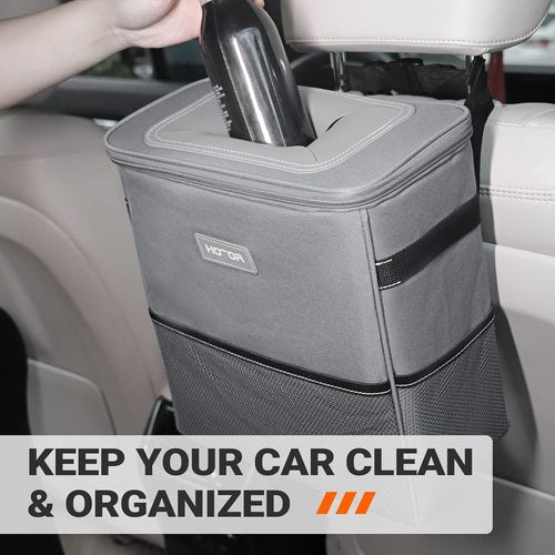 HOTOR Car Trash Can, Multifunctional Car Accessory for Interior Car Stuff Storage with Compact Design, Waterproof Car Organizer and Storage with Adjustable Straps, Magnetic Snaps, 2 Gallons, Gray