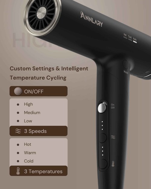 ANNLARY Plasma Ion Hair Dryer with Diffuser for Curly Hair, 110000 RPM Professional High Speed Blow Dryer with Plasma Ion, 1500W Foldable Travel Hairdryer with 6.5 Ft Cord Fast Drying for Women Men