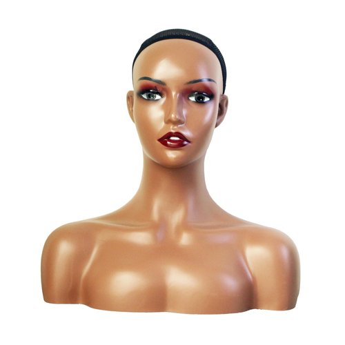 KimRuima Realistic Mannequin Head with Shoulders Wig Head Wig Stand for Wigs Hats Scarves Pendants Sunglasses Earrings (Dark Brown with Red Lip and Visible Teeth)