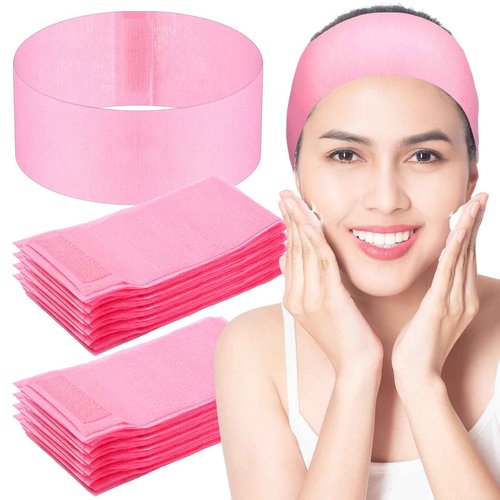 Juinte 300 Pieces Disposable Spa Facial Headbands Bulk Pink Stretch Non-woven Headband Soft Skin Care Hairband with Convenient Closure for Women Salons Esthetician Yoga Sport Supplies