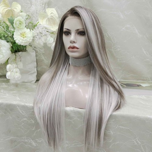 IMSTYLE Sliver Mist Grey with Highlights and Dark Roots 28 Inches Free Part Synthetic Lace Front Wig