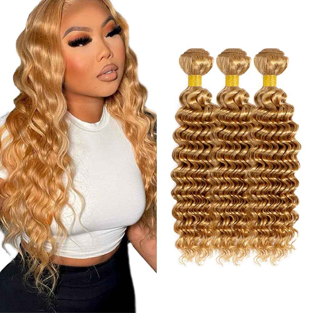 27 Human Hair Bundles Honey Blonde Bundle Blonde Deep Wave Human Hair Bundle 24 24 24 inch Same Length 3 Bundles