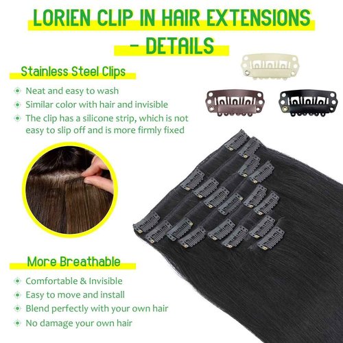 LORIEN Clip in Hair Extensions Real Human Hair, 24 Inch 120g, 1 Jet Black, Clip in 100% Brazilian Remy Human Hair Extensions 8pcs Per Set with 18 Clips Double Weft