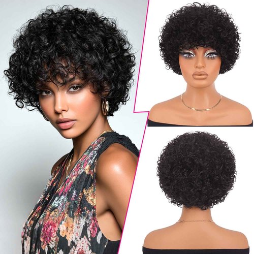 PEACOCO Short Curly Bob Wig Human Hair Afro Kinky Curly Human Hair Wigs for Black Women 8 Inch Short Curly Wig with Bangs Glueless, 1B