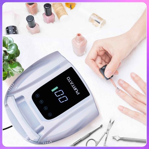 PURTATO Professional Rechargeable 96W UV LED Portable Cordless UV Light for Nail Lamp Machine with Removable Stainless Steel Bottom,4 Timer Setting and Smart Sensor Nail Dryer (Plating Silver)