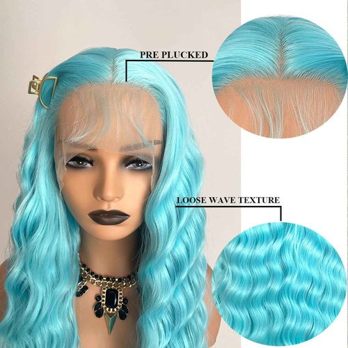 QMSSR Light Blue Lace Front Wigs Loose Curly Wave Hair Wig Pre Plucked Glueless Blue Wig Long Wavy Synthetic Lace Front Wigs For Women