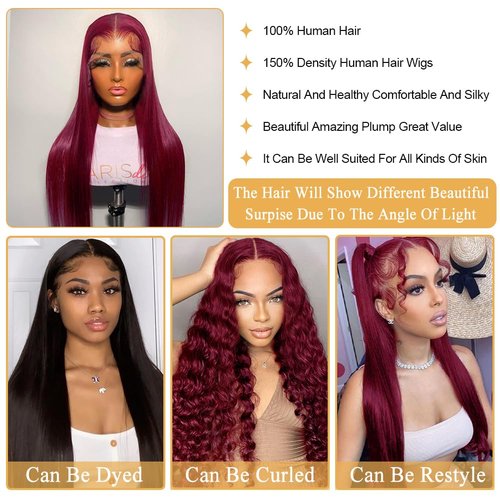 Azkiu 32 Inch 99J Burgundy Lace Front Wigs Human Hair 13x4 Straight Lace Frontal Wigs Human Hair Pre Plucked Wine Red Colored Straight Wig Human Hair Red Wig for Women 150% Density