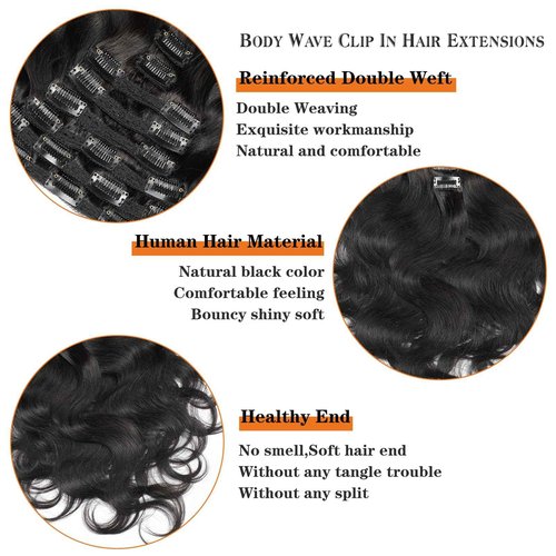 Yacurcur Body Wave Clip Ins Human Hair 8Pcs/Set 120 Gram Body Wave Clip in Hair Extensions 10A Brazilian Virgin Human Hair for Black Women Natural Black Color 22 Inch
