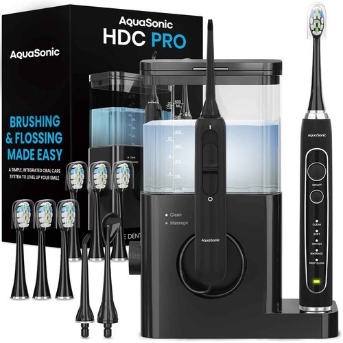 AquaSonic Home Dental Center PRO – Brushing & Flossing Made Easy – Brush & Floss – Power Toothbrush & Water Flosser – Whiter Teeth & Healthier Gums – Black Series Pro+Oral Irrigator