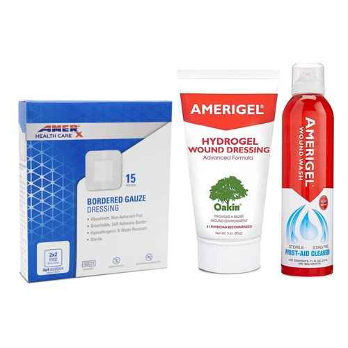 AMERIGEL Total First Aid Bundle - Small - Hydrogel Wound Dressing Moisture Rich Healing Gel (3 oz.) - Saline Wound Wash First Aid Cleansing Solution (7.1 oz.) - Bordered Gauze