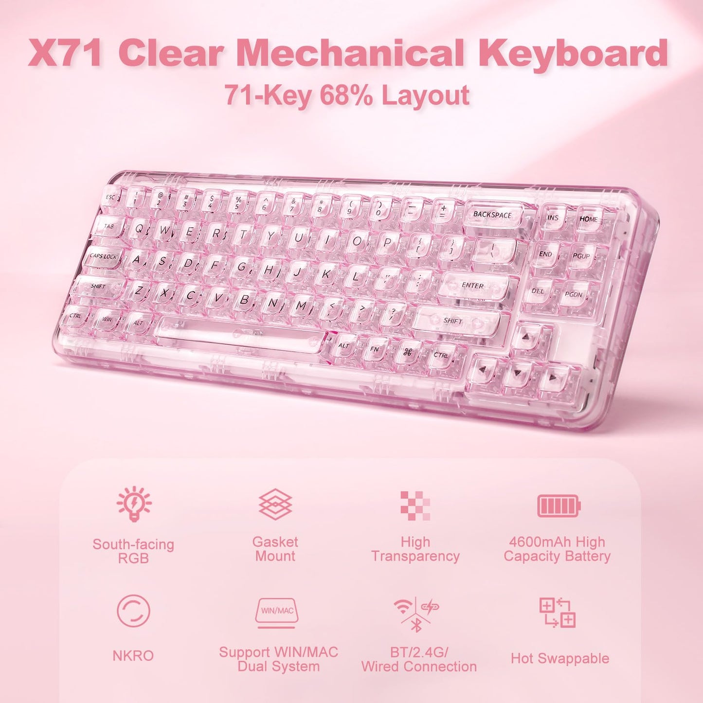 YUNZII X71 Transparent Mechanical Keyboard with Clear Keycaps(Crystal Ice Switch,Pink), Coffee Cat Dye Sub PBT Keycaps(Cherry Profile, Coffee Cat)